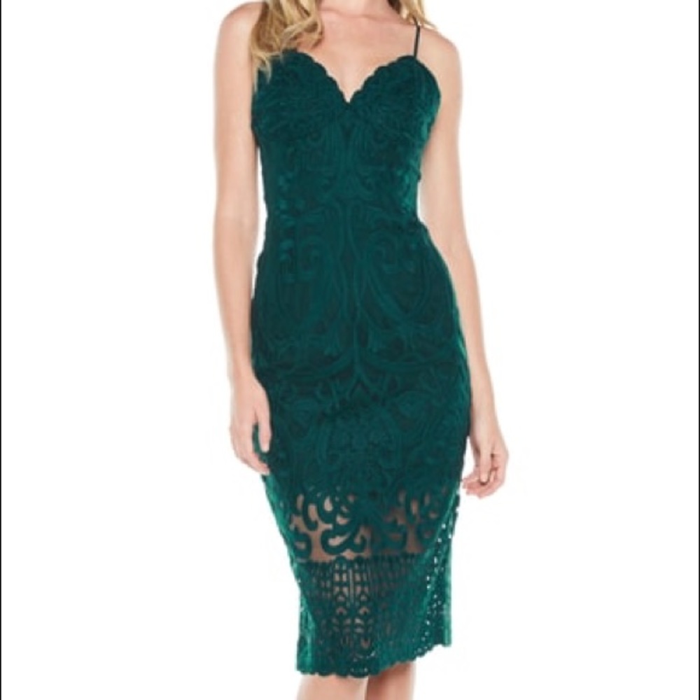 Forest green Bardot Gia Lace Pencil Dress L